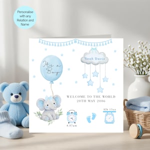 Könnte beinhalten: Eine quadratische Grußkarte in Hellblau mit einem Cartoon-Elefanten, der einen Ballon mit der Aufschrift It's a Boy hält, einem Wolken-Mobile mit dem Namen Noah Davis, dem Text Welcome to the World, 20th May 2006, 4.07am und 8lb 13oz.