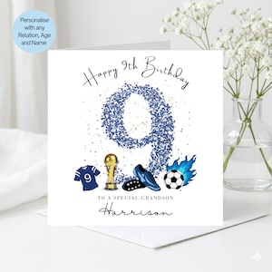 May include: A square birthday greeting card with white background featuring the text Happy 9th Birthday at the top and TO A SPECIAL GRANDSON Harrison at the bottom. A large blue glitter number 9 is centered with a blue jersey, gold trophy, football boot, and football.