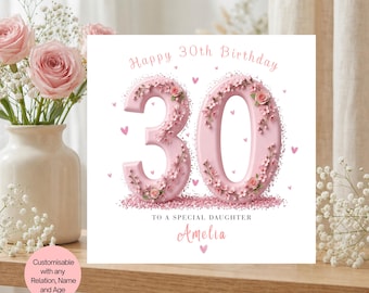 娘の30歳の誕生日パーソナライズカード、ピンクの花柄カード、娘は30歳、30歳の誕生日プレゼント、娘の30歳の誕生日、30歳になるプレゼント