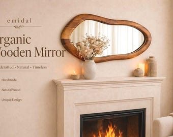 Natural Walnut Wood Organic Shape Wall Mirror – Handmade Decorative Wooden Mirror, Rustic Boho Modern Home Decor, Entryway Living