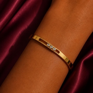18K Gold Sliding Stone Bangle, Waterproof Stainless Steel Move Cuff Bracelet, CZ Moving Stone Oval Bracelet, Minimalist Luxury Gift for Her