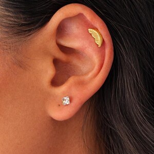 Gold Leaf Helix Piercing Set | Flat Back Cartilage Studs | Zirconia Stud + Leaf Earring | 316L Surgical Steel | Minimalist Ear Stack