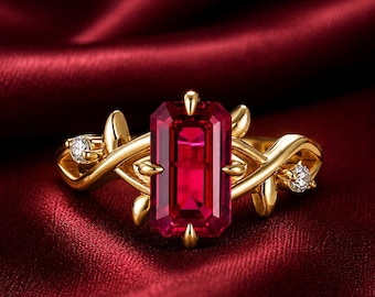 3.5CT Ruby Ring, Emerald Cut Ring, 925 Silver Gold Plated, Rose Gold, Moissanite Accent, July Birthstone, Gift for Her, Anniversary Ring