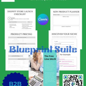 May include: A digital document titled The Ultimate 5-in-1 E-Commerce Engine with 245+ pages, featuring sections for a Shopify Store Launch Checklist, New Product Planner, Product Pricing, and Discover Your Niche, including a QR code and B2B label.