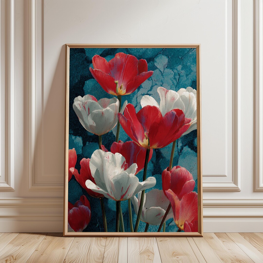 Tulip Wall Art, Red White Floral Print, Botanical Painting Download - Etsy
