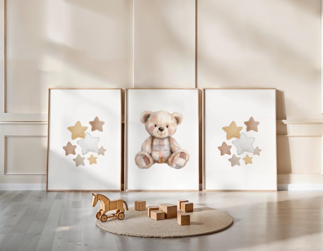 Watercolor Teddy Bear Stars Nursery Prints — Set of 3 Neutral Baby Wall ...
