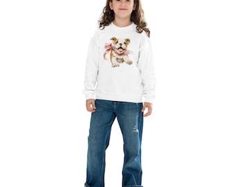 English Bulldog Kawaii Girls Crew Neck Sweatshirt | Kids Graphic Sweater | Cute Bulldog Gift for Girls