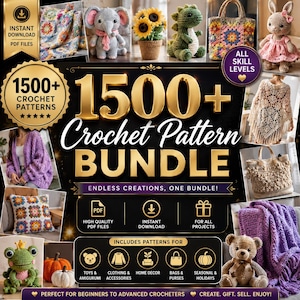 Puede incluir: Una colección digital de más de 1500 patrones de ganchillo con varios proyectos, incluidos animales amigurumi, mantas, ropa y bolsos. El gráfico incluye etiquetas de texto para archivos PDF, descarga instantánea y niveles de habilidad.