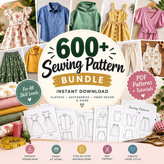 600+ Sewing Patterns Bundle | PDF Dress & Clothing Patterns | Sewing Tutorials | Instant Download