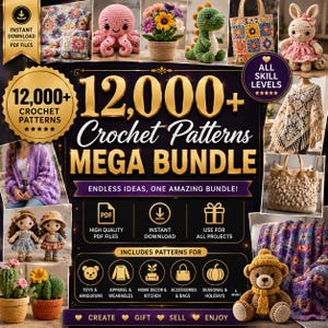 Puede incluir: Una colección digital de 12,000+ patrones de ganchillo con imágenes de juguetes amigurumi, mantas, bolsos, ropa y decoración. El gráfico incluye el texto 12,000+ Crochet Patterns Mega Bundle, archivos PDF de alta calidad y descarga instantánea.
