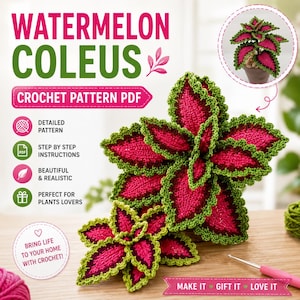 Op de afbeelding: Een haakpatroon PDF voor een Watermeloen Coleus plant. De afbeelding bevat tekst, een cirkelvormige inzet van de voltooide plant en een gehaakte plant met levendige magentakleurige bladeren met groene randen. Een roze haaknaald ligt op het houten oppervlak.