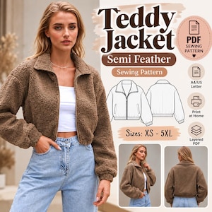 Peut inclure: Un patron de couture pour veste teddy marron avec fermeture éclair, col et manches longues. Le fichier numérique inclut des options d'impression A4 et US Letter, un format PDF par calques et des tailles du XS au 5XL. Croquis techniques inclus.