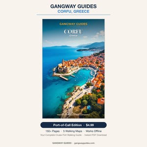 May include: A travel guide titled "Corfu" by Gangway Guides. The cover features a scenic aerial view of Corfu, Greece, with a turquoise sea, a coastal town, and the text "Corfu, Greece". The guide is a Port-of-Call Edition.