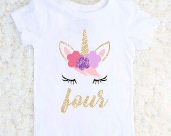 Conjunto de cumpleaños de unicornio - Camiseta de unicornio para niña de cuarto cumpleaños - Cumpleaños de unicornio - Niña de 4 años - Camiseta de cumpleaños para niña - Niña de cumpleaños