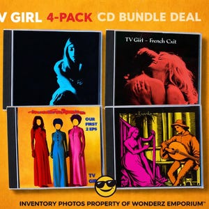 May include: A CD bundle featuring four TV Girl albums. The artwork includes a woman in blue, a couple in red, and other colorful illustrations. The text "TV GIRL 4-PACK CD BUNDLE DEAL" is visible. The background is a warm orange.