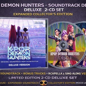 Peut inclure: Coffret 2 CD Deluxe de la bande originale de K-Pop Demon Hunters. Le boîtier du CD présente le titre et les personnages du film. Les disques sont étiquetés Disque 1 et Disque 2, avec des images des personnages.