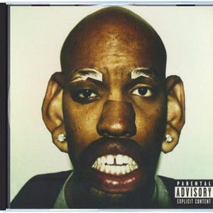 May include: CD case featuring a close-up of a person's face with altered features. The person has white eyebrows, a nose patch, and visible teeth. The image has a vintage, slightly faded look. A parental advisory warning is in the bottom right corner.