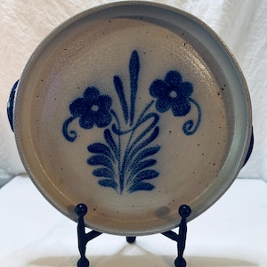 Vintage Signed Grès de la Roche Salt Glazed Blue Stoneware Handled Plate