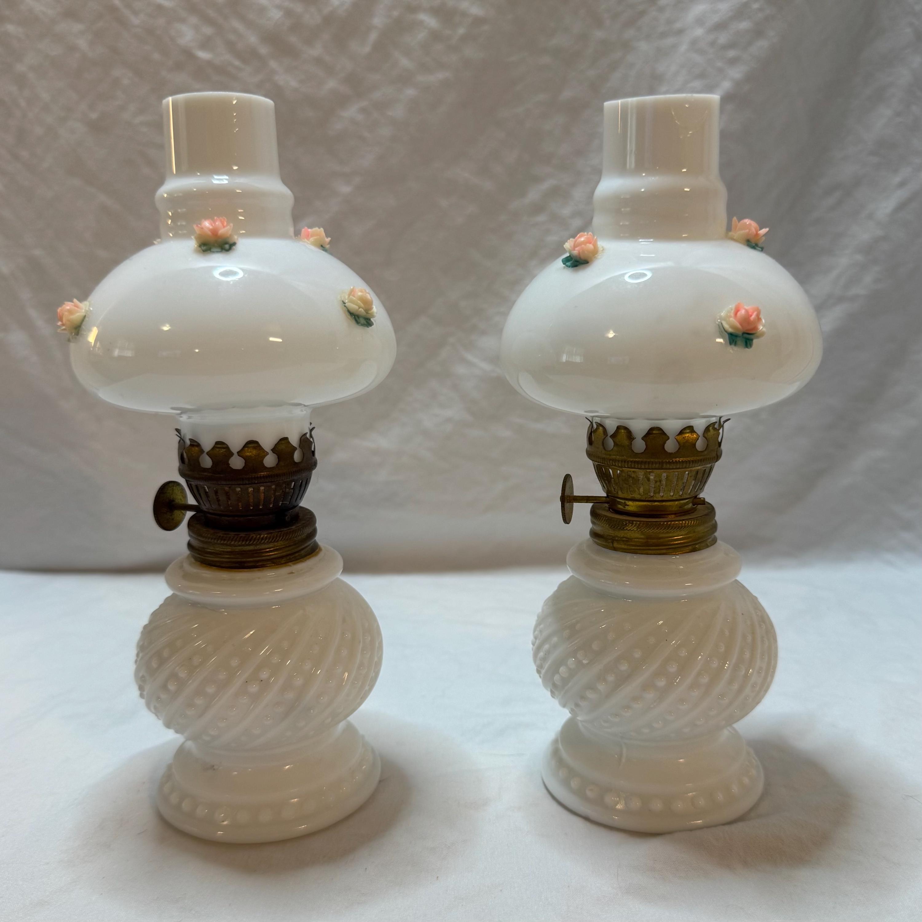 Pair of Vintage Miniature Milk Glass Victorian Style Oil Lamps