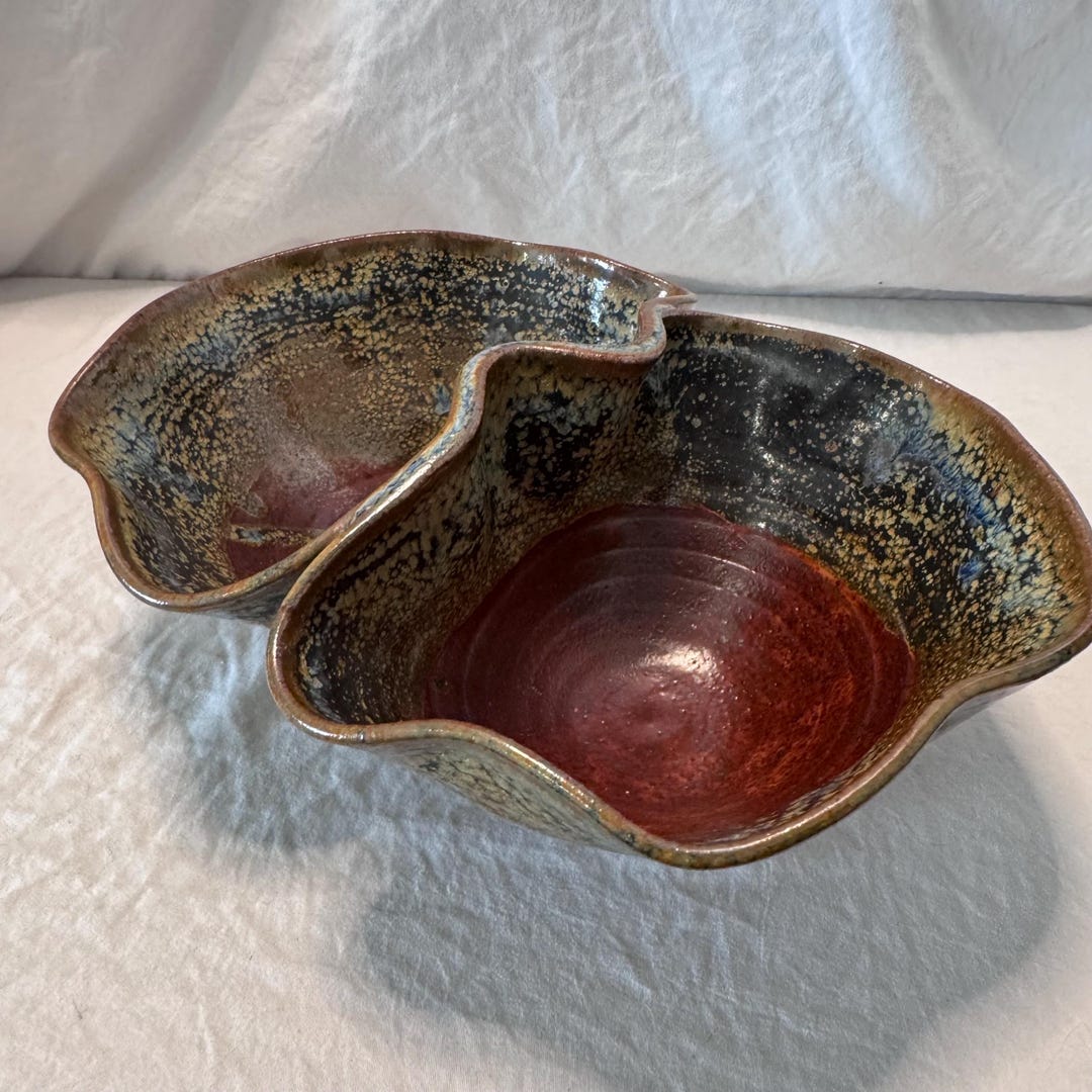Vintage Hand Thrown Drip Glaze Stoneware Pottery Double Bowl - Etsy