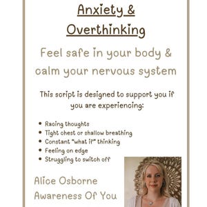 Puede incluir: Gráfico beige con el título "Ansiedad y Pensamiento Excesivo" y viñetas que describen los síntomas. El texto anima al lector a sentirse seguro y a calmar su sistema nervioso. Una foto de una mujer está en la esquina inferior derecha.