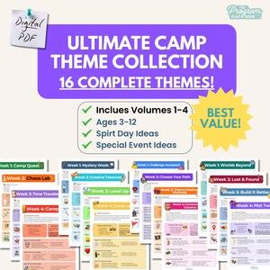 Könnte beinhalten: Eine digitale PDF-Sammlung mit dem Titel Ultimate Camp Theme Collection 16 Complete Themes. Das Dokument enthält die Bände 1-4 für Kinder im Alter von 3-12 Jahren mit Ideen für Mottotage und Veranstaltungen. Das Layout zeigt mehrere wöchentliche Seiten.