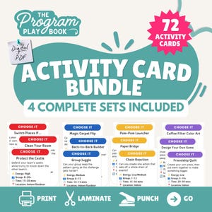 May include: A digital PDF activity card bundle featuring 72 activity cards across 4 complete sets. The graphic includes the text The Program Playbook, Activity Card Bundle, 4 Complete Sets Included, and icons for print, laminate, and punch.