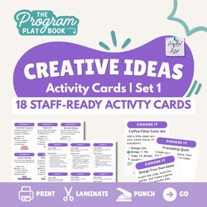 Könnte beinhalten: Ein digitales PDF-Set mit 18 aktivitätsbereiten Karten mit dem Titel The Program Playbook Creative Ideas Activity Cards Set 1. Die Karten haben violette und weiße Designs mit Anleitungen für Aktivitäten wie Bastelstockkreationen und Naturkunst.