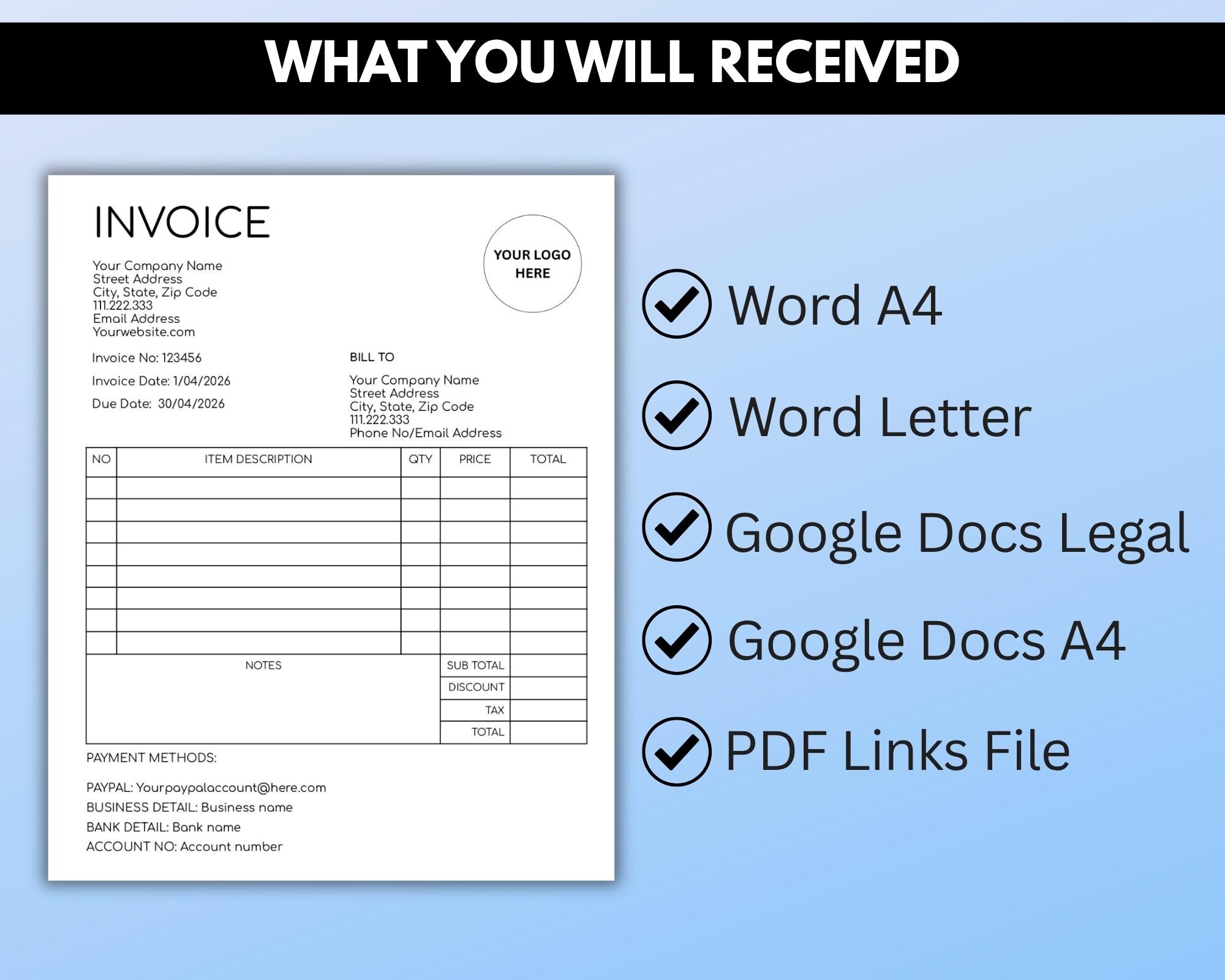 Editable Invoice Template: Modern Business Form (google Docs & Word ...