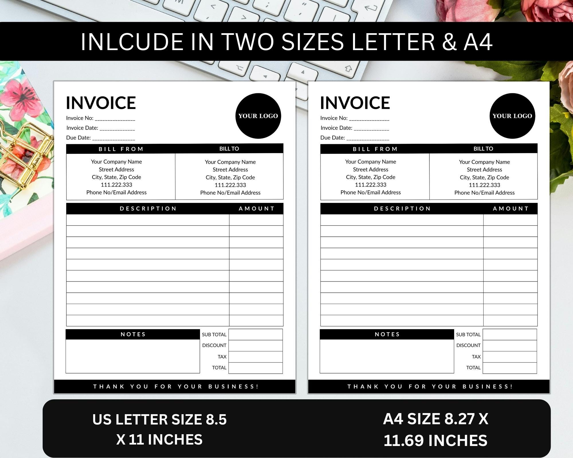 Editable Invoice Template Canva, Printable A4 US Letter Small Business ...