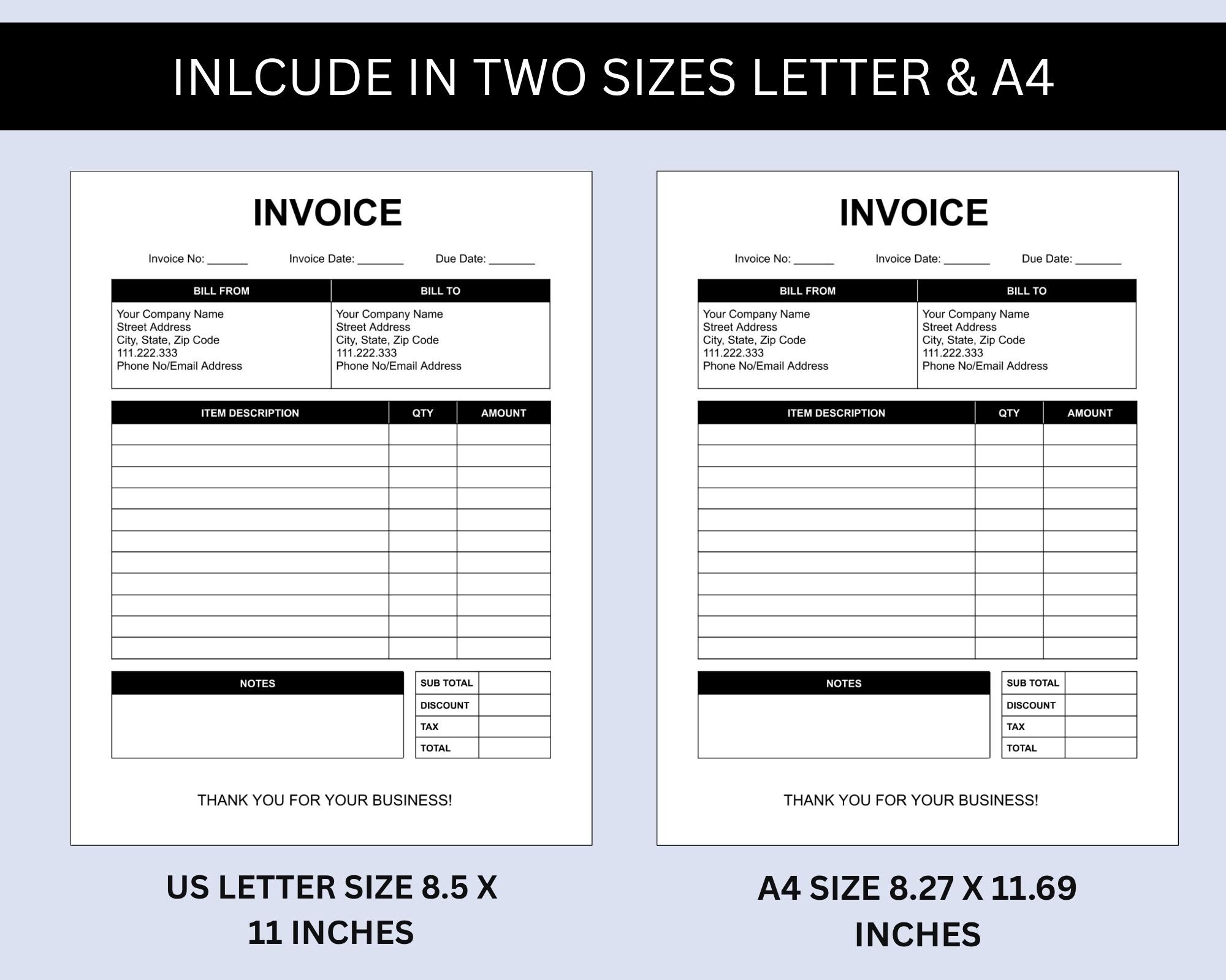 Editable Invoice Template Google Docs Word, Printable PDF A4 US Letter ...