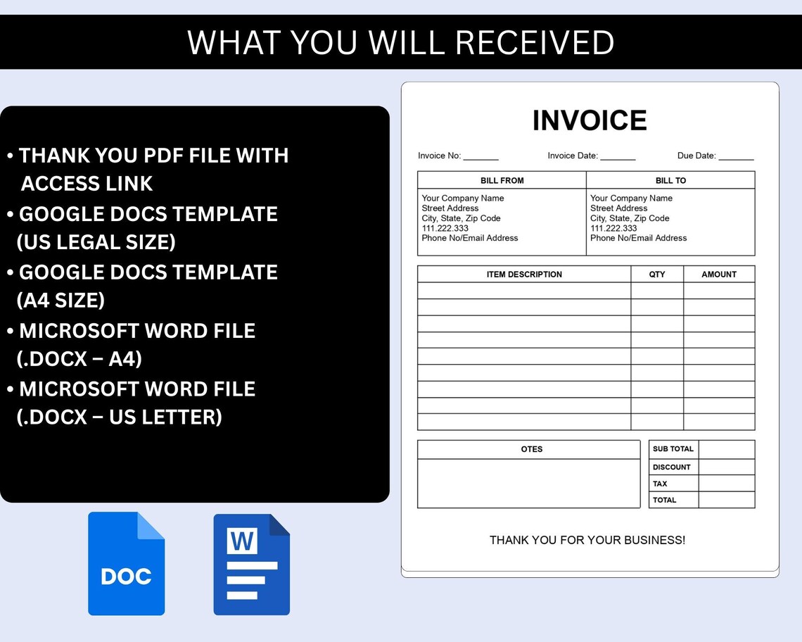 Editable Invoice Template Google Docs Word, Printable PDF Freelance ...