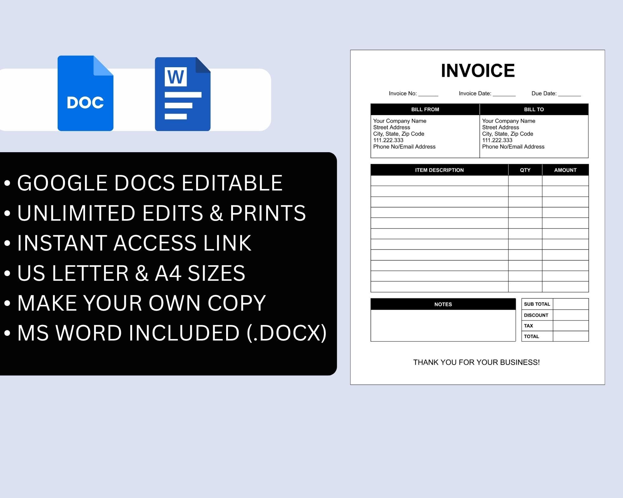 Editable Invoice Template Google Docs Word, Printable PDF A4 US Letter ...