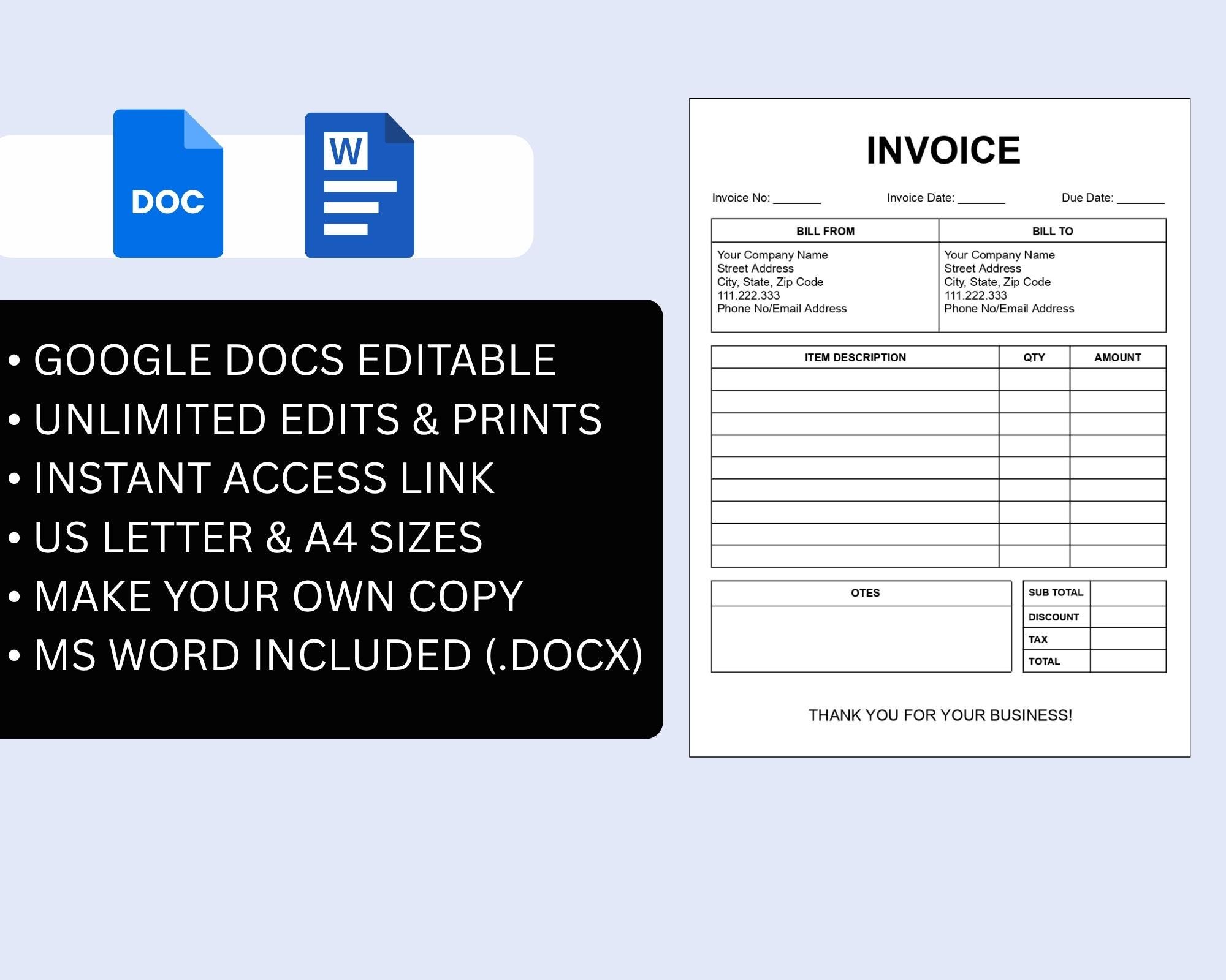 Editable Invoice Template Google Docs Word, Printable PDF Freelance ...