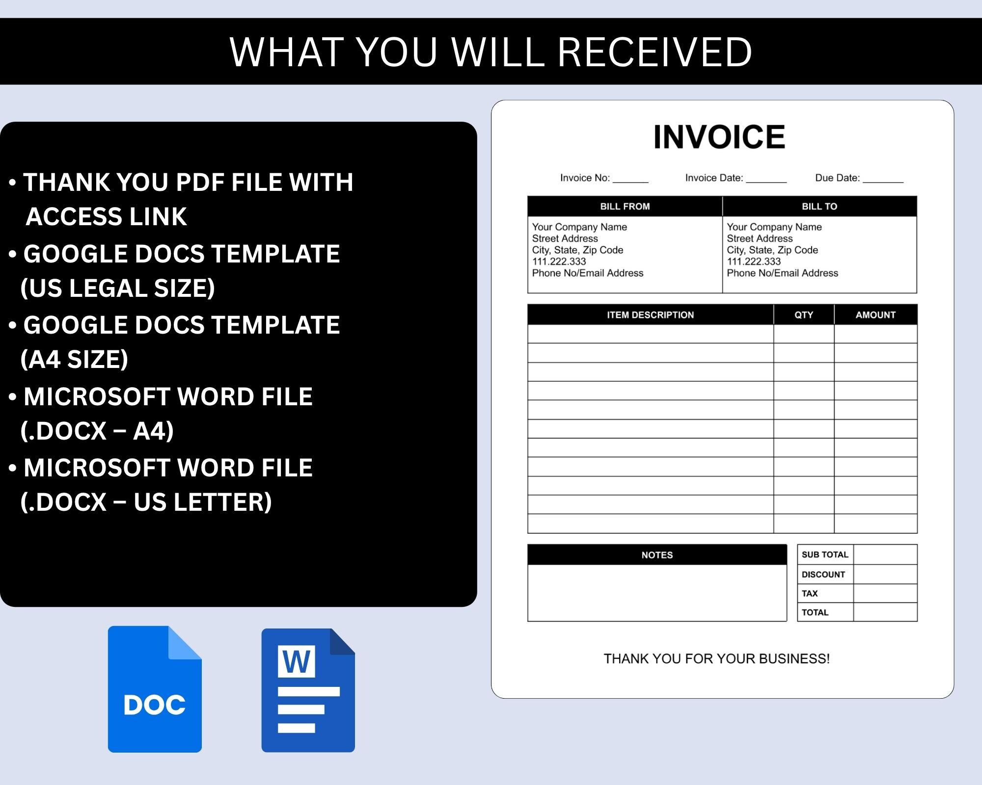Editable Invoice Template Google Docs Word, Printable PDF A4 US Letter ...