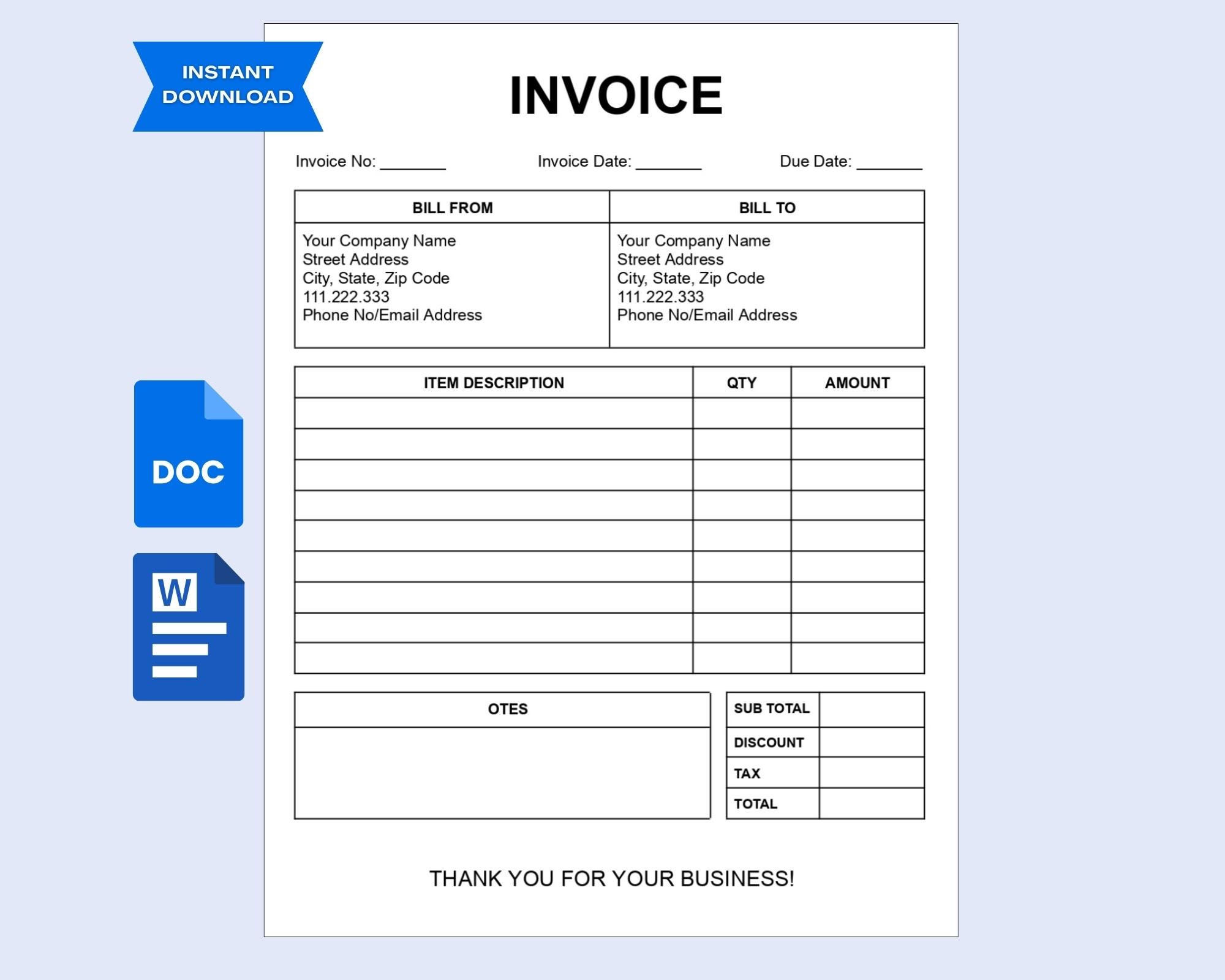 Editable Invoice Template Google Docs Word, Printable PDF Freelance ...