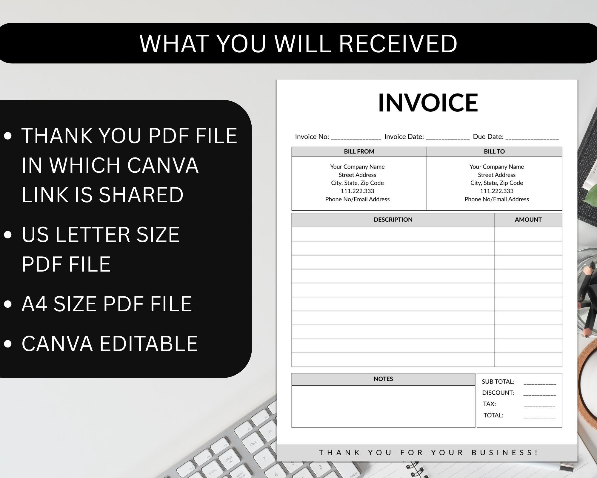 Editable Canva Invoice Template | Small Business Billing PDF (canva ...