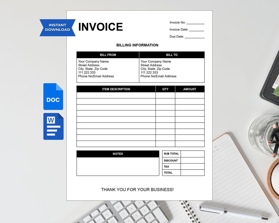 Editable Invoice Template Printable, Google Docs Word PDF, Freelance ...