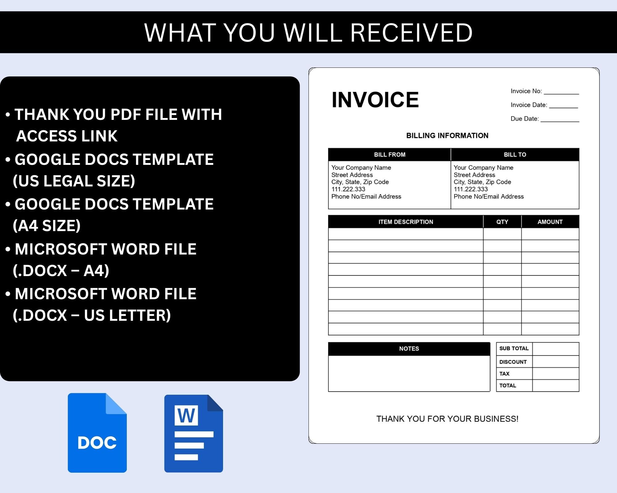 Editable Invoice Template Printable, Google Docs Word PDF, Freelance ...