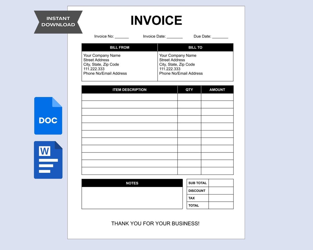 Editable Invoice Template Google Docs Word, Printable PDF A4 US Letter ...