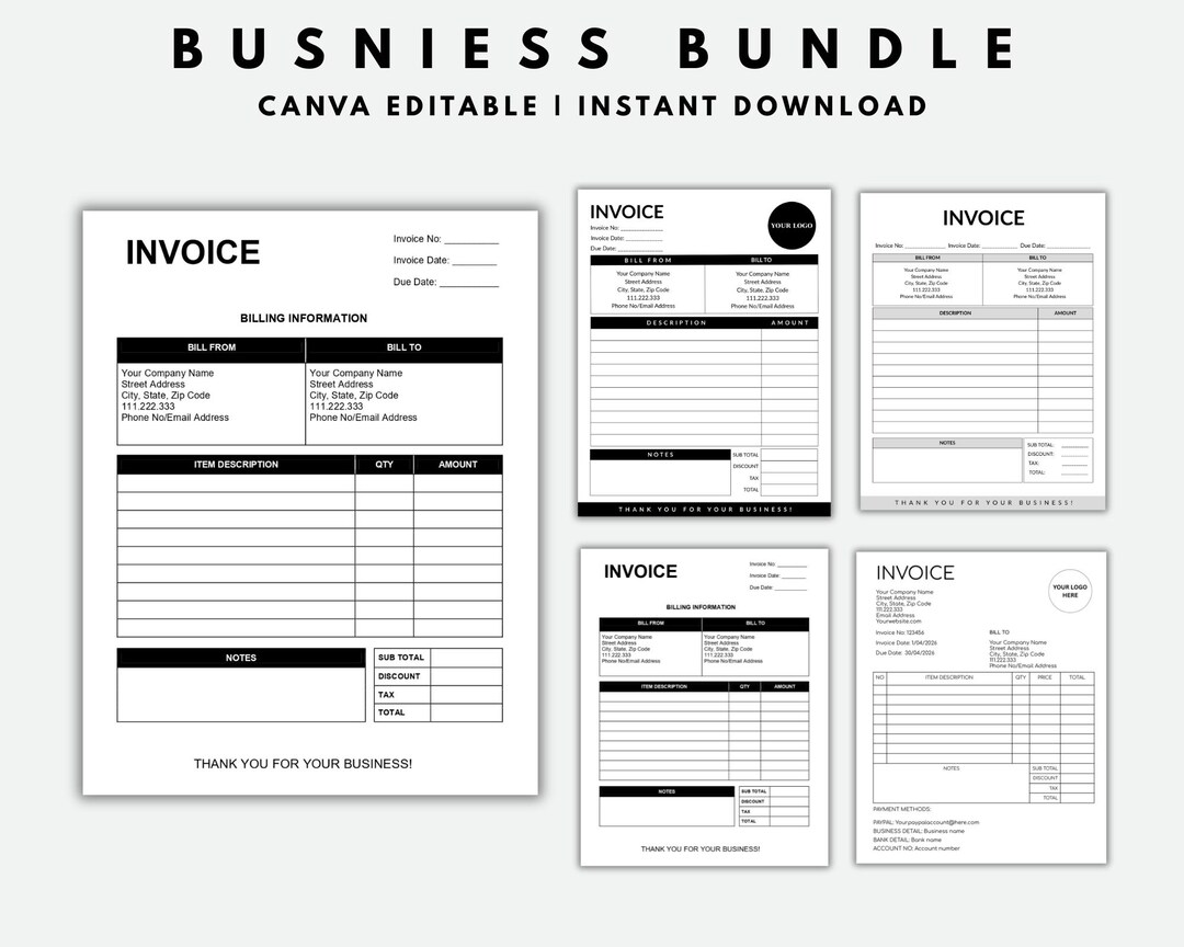 Editable Invoice Template Bundle for Small Business - Etsy