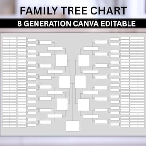 May include: A gray family tree chart with the text "FAMILY TREE CHART" and "8 GENERATION CANVA EDITABLE" in black. The chart has a central design with connected boxes and lines, and columns of rectangular boxes on the sides.