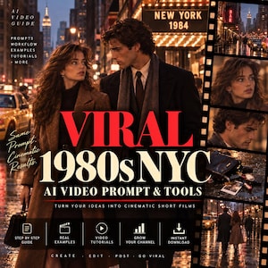 Può includere: Una guida digitale intitolata VIRAL 1980s NYC AI VIDEO PROMPT & TOOLS con un'immagine cinematografica di due persone nella New York degli anni '80, con testi che descrivono guide passo dopo passo, tutorial video e opzioni di download.