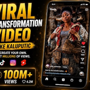 May include: A smartphone displays a social media post promoting a "Viral Transformation Video." The image features a person in a rustic outfit, with text overlaying the image. The text includes "100M+ Views" and social media icons.