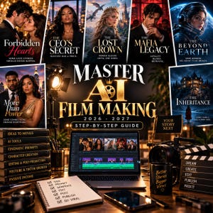 Può includere: Una guida digitale intitolata Master AI Film Making 2026-2027 che mostra un portatile con software di montaggio video, un taccuino con una lista di controllo, una tazza nera con testo, una fotocamera e vari dorsi di libri su temi cinematografici.