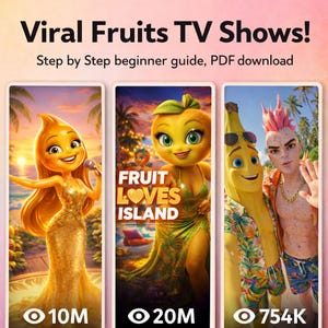Puede incluir: Imagen que promociona "Viral Fruits TV Shows!" con tres personajes de dibujos animados: un limón cantante, una naranja con un vestido y un plátano con un hombre. El texto "Fruit Loves Island" es visible. La imagen incluye el texto "Step by Step beginner guide, PDF download."