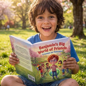 Op de afbeelding: Een lachende jongen zit op het gras en leest een boek met de titel "Benjamin's Big World of Friends: A Lesson on Tolerance". De omslag van het boek toont een illustratie van diverse kinderen. De achtergrond toont bomen en een zonnige parkomgeving.
