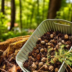 May include: A pale green plastic basket overflowing with brown pine cones and a sprig of green pine needles. The basket sits on a tree stump in a forest, with a blurred green backdrop of trees.