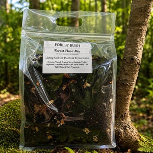 May include: A clear plastic bag containing Forest Rush Forest Floor Mix living soil for plants and terrariums. The label lists ingredients including topsoil, organic worm castings, perlite, nightcrawlers, crushed leaves, leca, river stones, and bark.
