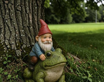 Wunderliche Gnom-Reitfrosch-Statue, lustige Harz-Garten-Dekor, Rasenverzierung im Freien, Fantasie-Akzent